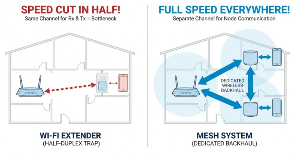 Diagram comparing Wi-Fi Extender Half-Duplex vs Mesh Dedicated Backhaul