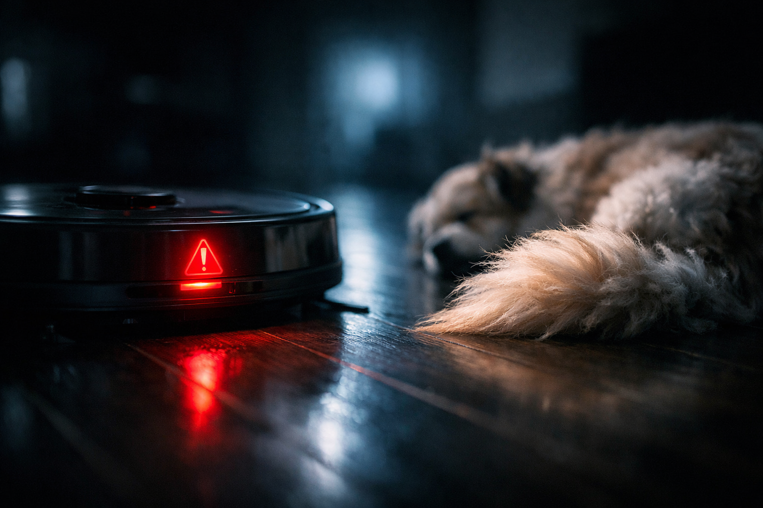 Cinematic photo of a robot vacuum dangerously close to a sleeping dog's tail, illustrating pet safety hazards.