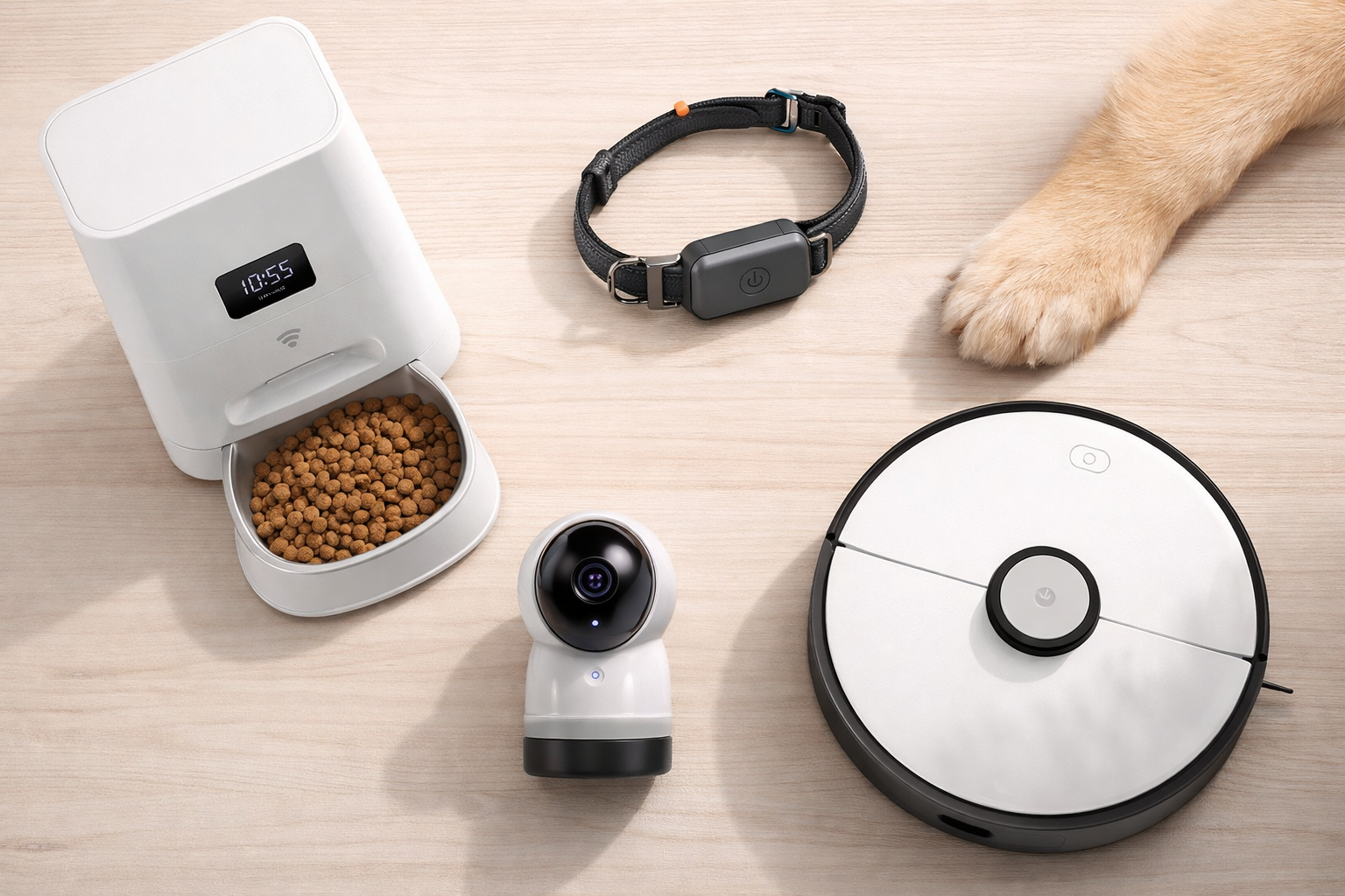 Collection of smart home gadgets for dogs including GPS collars, smart feeders, and robot vacuums