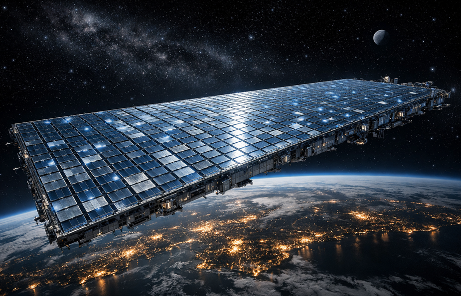 high-tech phased array satellite orbiting Earth
