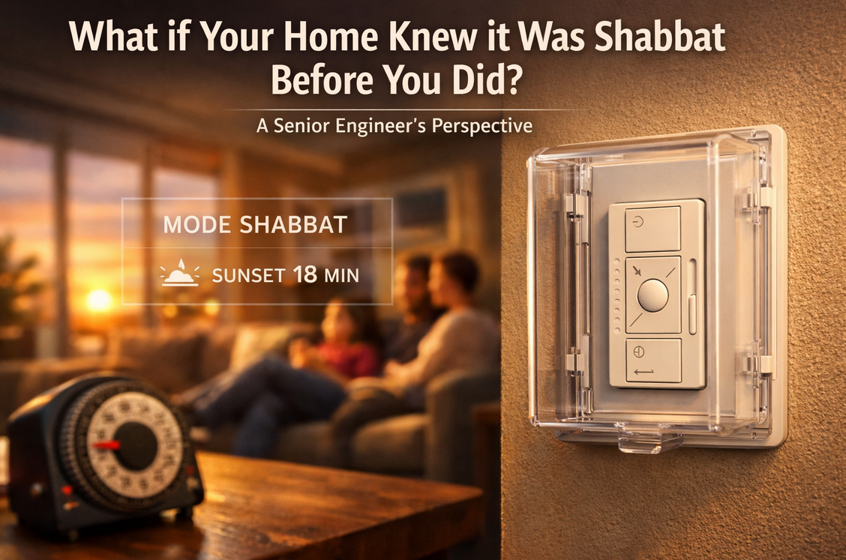 A family is relaxing on a sofa in the background. In the foreground, a close-up of a wall with a smart dimmer switch (like Lutron Caseta) protected by a clear plastic switch guard cover. An old mechanical timer is out of focus on a table, discarded. A faint, transparent digital UI overlay floats in the air, showing the text 'MODE SHABBAT' and 'SUNSET 18 MIN'