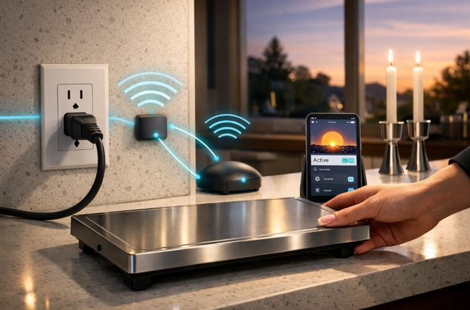 A professional widescreen featured image (16:9 aspect ratio) designed for an engineering manual. The setting is a contemporary, upscale suburban kitchen at twilit sunset, filled with soft warm light pouring through a large window. The primary focus is a high quality in wall smart electrical outlet (like the Enbrighten Z Wave or Leviton Decora) neatly installed on a quartz backsplash. A heavy duty electrical cord is firmly plugged into it, leading to a modern, metal Shabbat hot plate (Plata) resting on the counter. On the same counter, a sleek smartphone is resting on a stand, its screen visibly glowing with a clean smart home dashboard showing an active schedule set for Sunset. Graphical overlays, rendered in clean glowing cyan lines, subtly visualize wireless signals connecting the phone to a local smart home hub, illustrating Local Execution. Two unlit Shabbat candles on a modern silver stand are prepared in the midground, suggesting readiness. A woman’s manicured hand (similar to image_8.png) is in the process of setting the Plata on the counter, conveying the End the Friday Panic theme. The entire composition is cinematic, high definition, and authoritative, like architectural photography. No text overlay on the image.