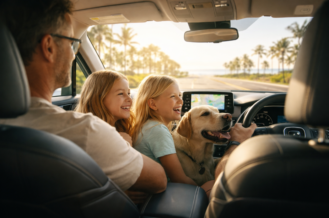 A happy mother, daughters, and their golden retriever dog smiling in a packed SUV during a sunny coastal Spring Break road trip, featuring gadgets from the Practical Network Guide.