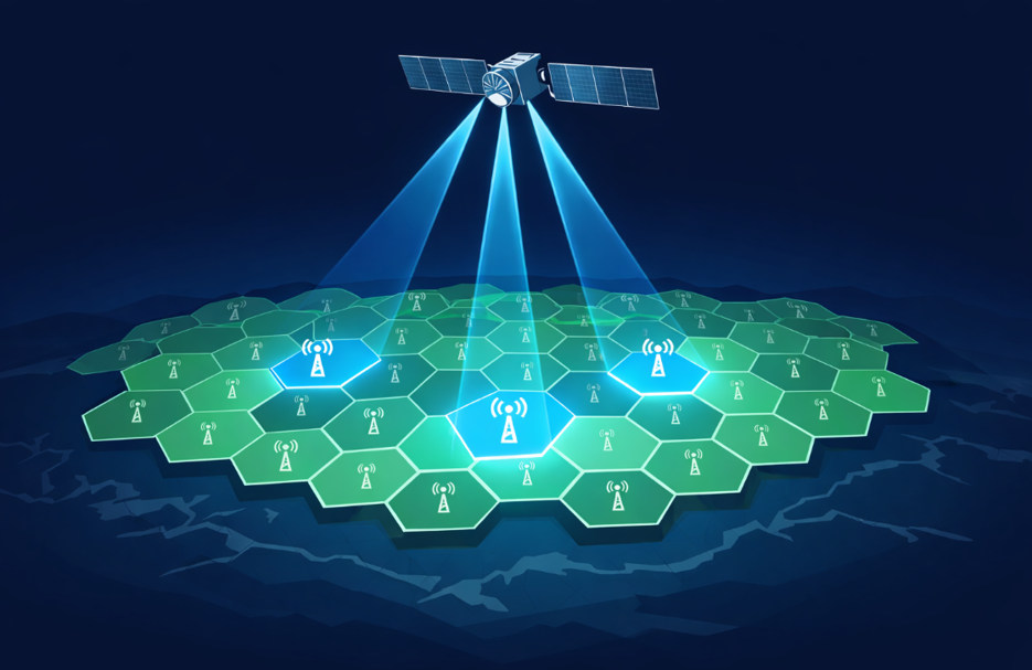 Diagram illustrating an isometric vector network. A standard terrestrial cell tower is visibly broken within a hexagonal cell grid. Directly above, a LEO satellite with a Phased Array antenna fires a focused beam of neon cyan light that precisely illuminates only the single hexagonal cell where the broken tower is located. This visually explains 'Supplemental Coverage from Space' (SCS), showing surgical precision to restore connectivity in disaster zones.