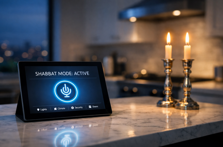A professional 16:9 cinematic photograph of a modern, clean kitchen at dusk. On a marble countertop, a high-tech smart home tablet shows a clean dashboard with the text "SHABBAT MODE: ACTIVE" and a glowing blue status icon. In the background, two traditional Shabbat candles are lit, their warm glow contrasting with the cool blue light of the smart home interface. The style is minimalist and high-end, focusing on the intersection of ancient tradition and futuristic technology. 8k resolution, photorealistic, architectural photography style.