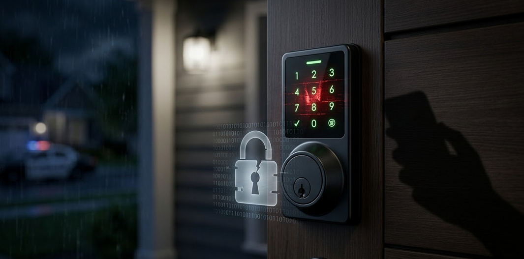 A digital smart lock on a wooden door during a rainy night, featuring a holographic broken padlock icon representing a security vulnerability and a mysterious shadow of a hand holding a smartphone